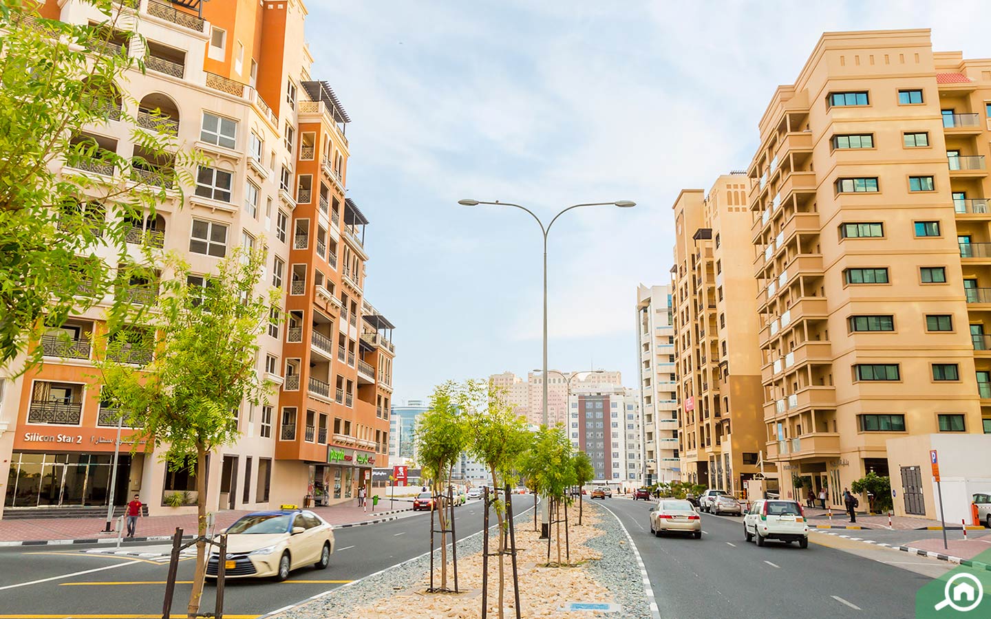 Streets with apartment complexes in Dubai Silicon Oasis